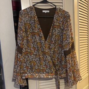 june & hudson Brown Floral Wrap Blouse with Yellow and Orange Flowers